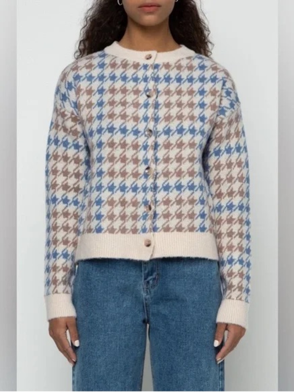 OAK + FORT Cream Cardigan with Blue & Brown Houndstooth